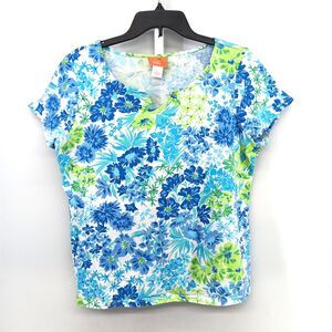 Hearts of Palm Shirt Womens Large Blue Green Floral Beaded Split V Neck Top